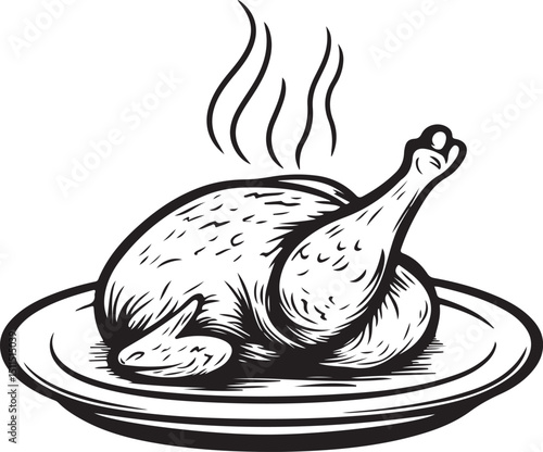 Cooked turkey illustration, drawing, engraving, ink, line art, vector