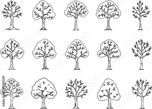 Set of autumn trees vector illustration with rain, umbrella, mushroom, and cloud design