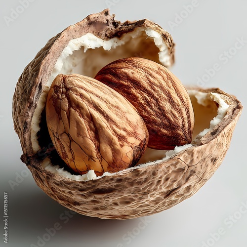 Cracked Babassu Nut Shell with Seeds Closeup Photography of Tropical Nut on white background