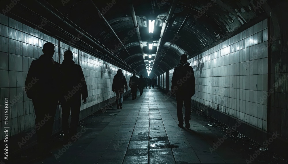 Haunting Abandoned Subway Tunnel with Dark Shadowy Figures Haunting Abandoned Subway Tunnel with Dark Shadowy Figures