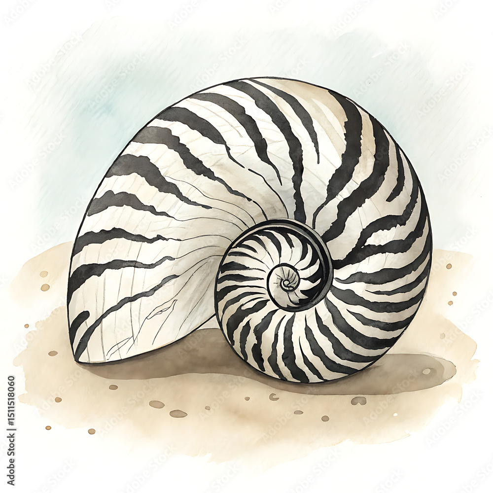 Obraz premium Watercolor Zebra Nerite Snail Shell Design in Coastal Art Style