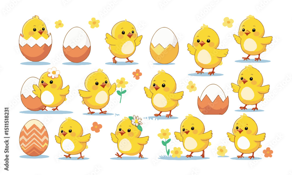 Obraz premium Modern vector illustration set featuring adorable baby chicks in various playful poses , Include elements such as chicks hatching from eggs, walking, dancing, easily editable and scalable.