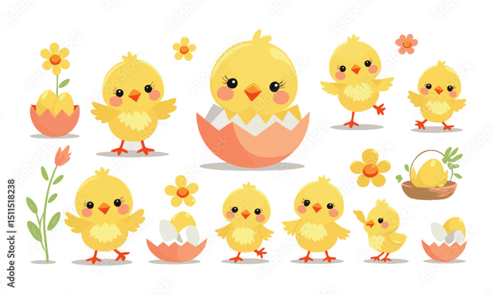 Fototapeta premium Modern vector illustration set featuring adorable baby chicks in various playful poses , Include elements such as chicks hatching from eggs, walking, dancing, easily editable and scalable.