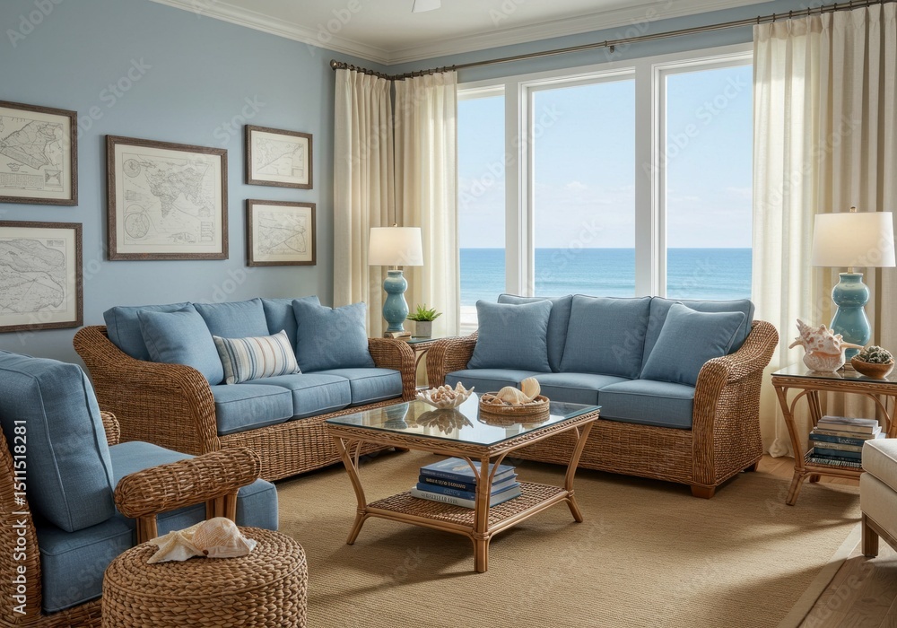 Fototapeta premium Blue couches and wickers in a living room.