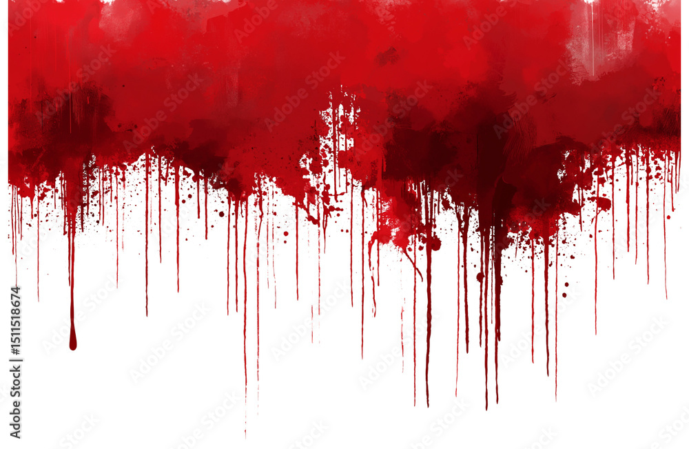 Fototapeta premium Red blood or paint flowing down on transparent background. Halloween, murder and horror concept. Red ink splash, splatter and stain.