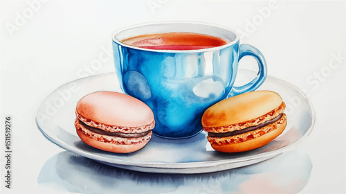 Vector illustration, cup of tea with French macaroons, watercolor painting.