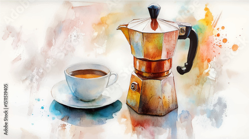 Vector illustration. A cup of espresso with an Italian coffee maker. Watercolor paint.