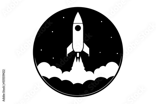 Retro Futuristic Rocket Launch Illustration – Black and White Minimalist Silhouette of Spaceship and Starry Sky