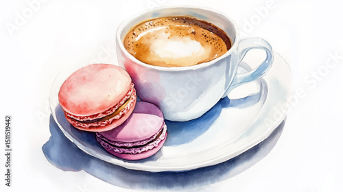 Vector illustration, cup of coffee with French macaroons, watercolor painting.