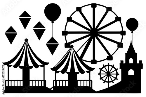 Monochrome Carnival Silhouette with Ferris Wheel, Hot Air Balloons, Tent, Castle – Amusement Park Scene