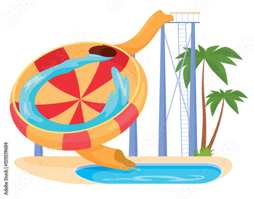 Illustration of a colorful water park slide, with a round structure with red and yellow stripes curving into a pool surrounded by tropical palm trees
