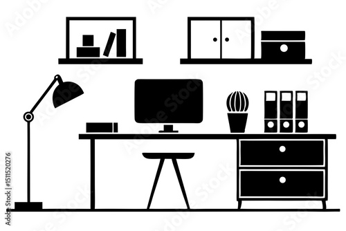 Minimalist Black and White Office Setup – Desk, Chair, Shelves, Lamp, Books, and Potted Plant Illustration