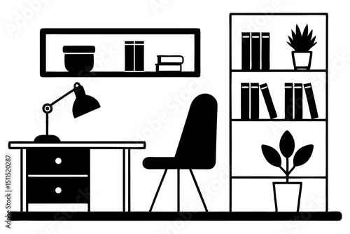 Minimalist Black and White Office Setup – Desk, Chair, Shelves, Lamp, Books, and Potted Plant Illustration