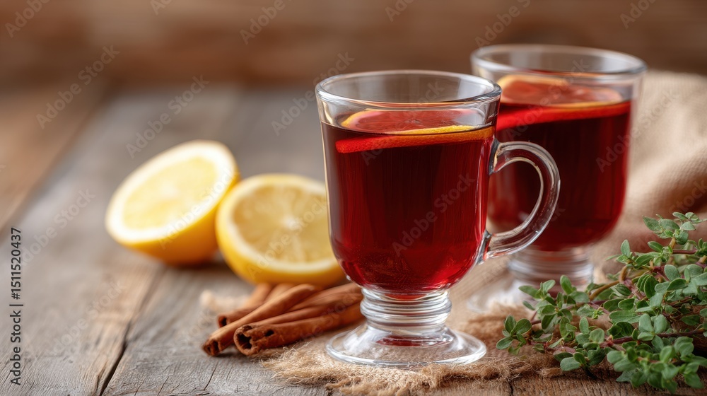 Warm spiced beverage with lemon slices, cinnamon, and herbs on a wooden surface. Warm spiced beverage with lemon slices, cinnamon, and herbs on a wooden surface.