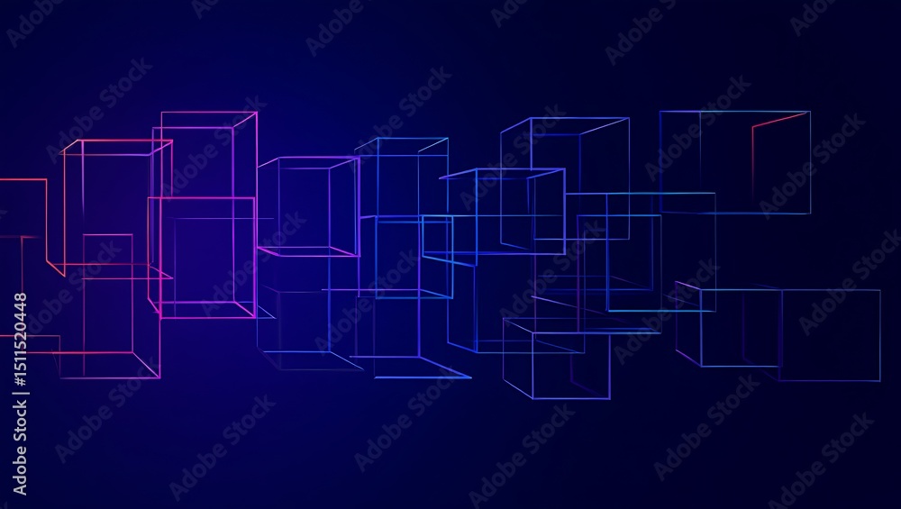 Obraz premium Abstract Geometric Background with Neon Outlined Cubes in Gradient Colors on Dark Blue Perfect for Technology Science or Modern Design Projects and Presentations