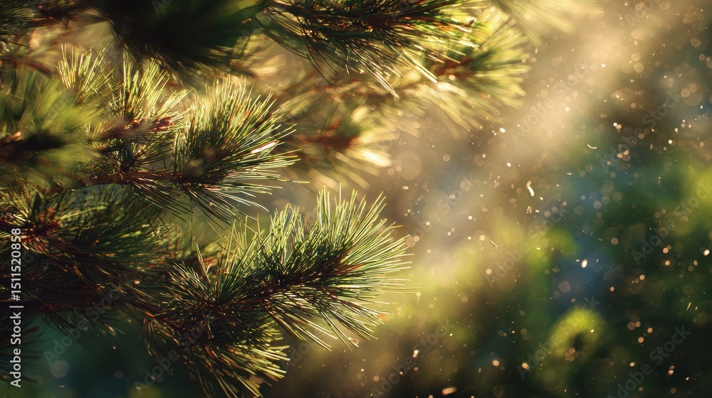 Fototapeta premium Dappled sunlight through pine needles with swirling bokeh and pollen particles for outdoor wellness branding, eco-tourism apps, and forest therapy campaign visuals. 