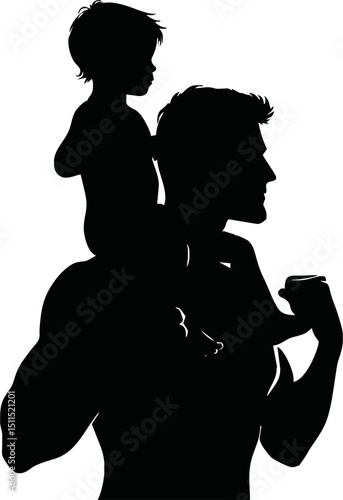 Silhouette black and white vector of a father holding child on shoulders on a white background