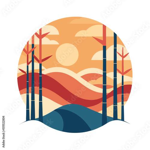 Vector illustration of a sunrise landscape featuring bamboo trees and abstract hills
