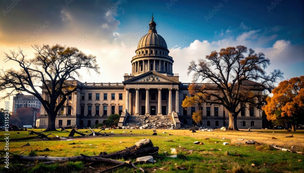Fototapeta premium Tragic Scene of Destroyed Mississippi State Capitol in Jackson City