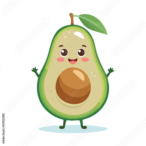 Avocado in cute cartoon character style with expressive face and limbs.