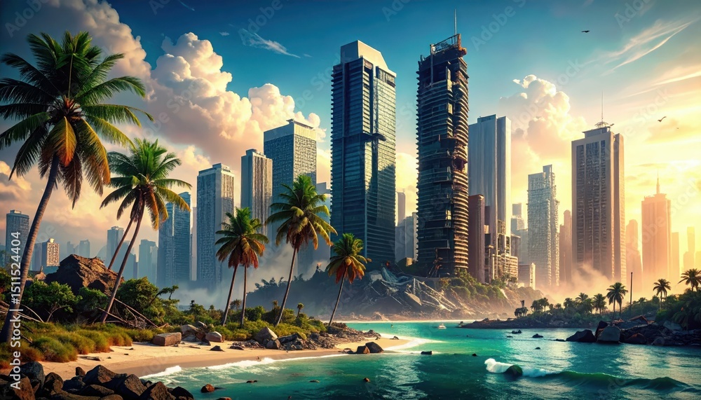 Obraz premium Tragic Scenes of a Destroyed Cityscape in Tropical Paradise Setting