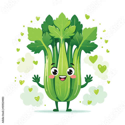 Celery in cute cartoon character style with expressive face and limbs.