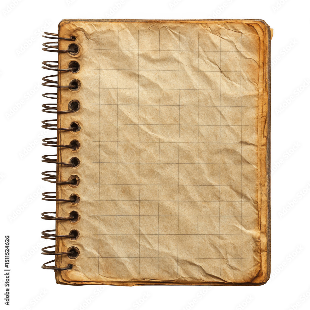 Fototapeta premium Old spiral-bound notebook with square graph paper and visible creases.