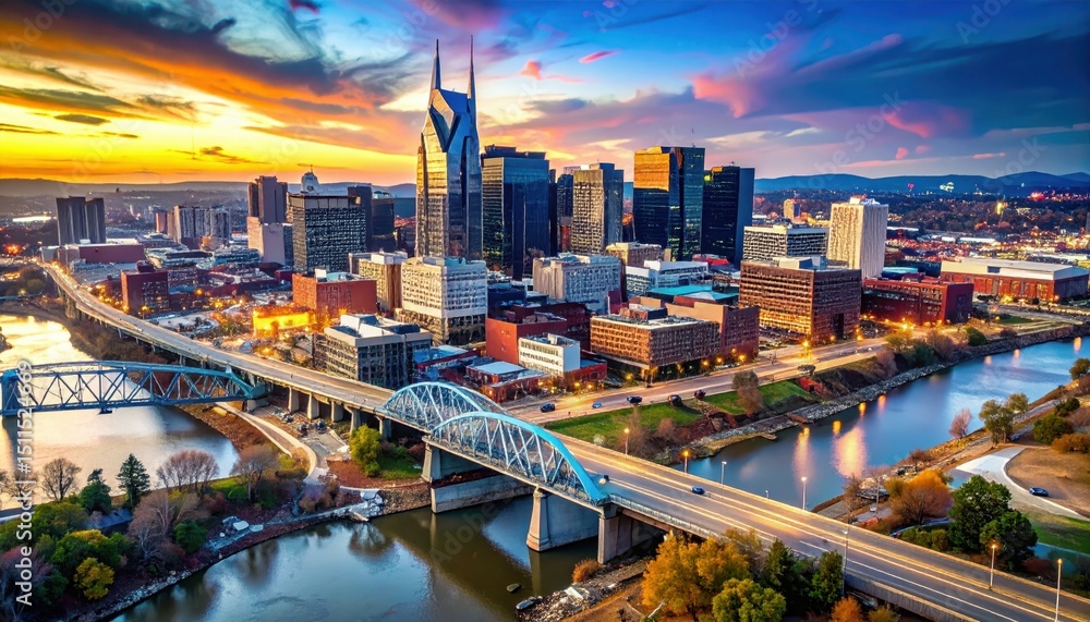 Obraz premium Beautiful Aerial View of Nashville Cityscape During Golden Hour