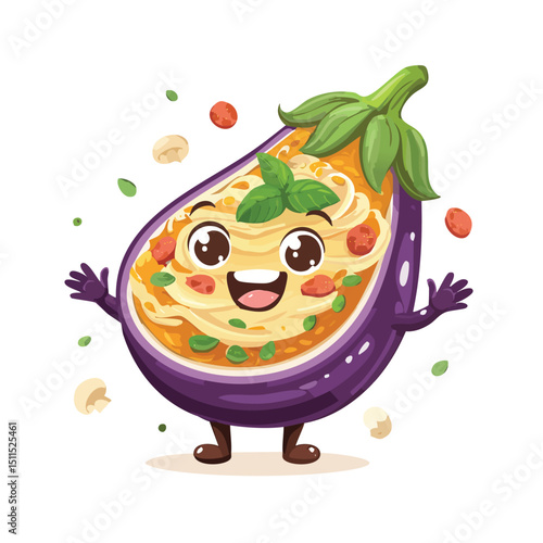 Eggplant Parmesan in cute cartoon character style with expressive face and limbs.
