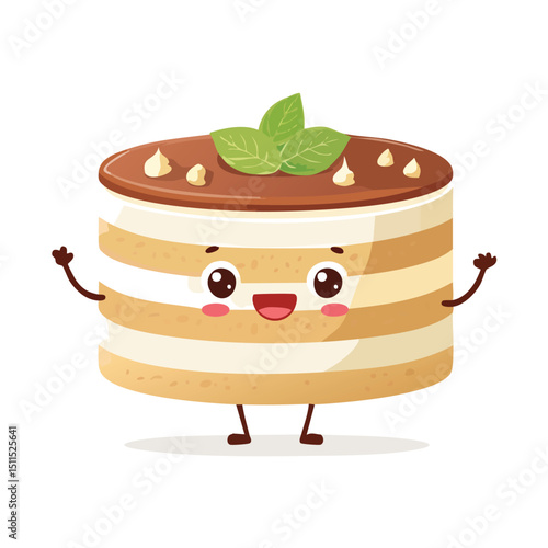 Tiramisu in cute cartoon character style with expressive face and limbs.