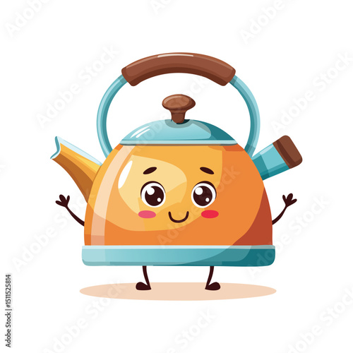 kettle in cute cartoon character style with expressive face and limbs.