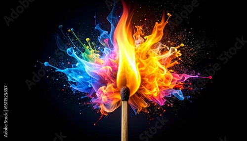 Matchstick burst colorful paint flame, ignite creativity imagination ideas