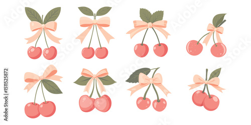 Two cherries with a bow coquette. A charming bow coquette with a pink ribbon and red cherries on a light background. A delightful Valentine's Day present.