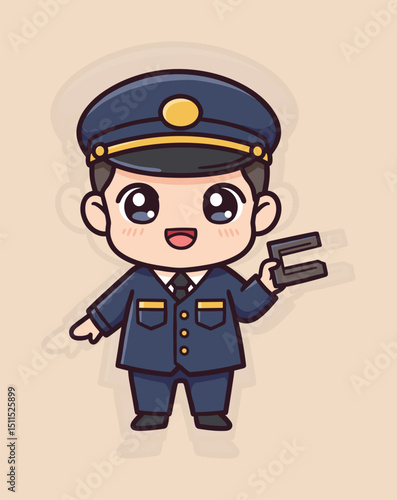 Chibi Train Conductor Vector Illustration, Cute Wild West Railroad Character
