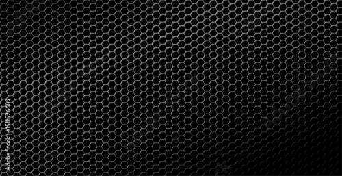 Dark hexagonal perforated wire fence seamless pattern on a black background, modern and futuristic texture. Abstract grid design offers a sleek and industrial aesthetic.
