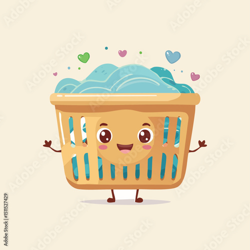 Laundry hamper in cute cartoon character style with expressive face and limbs.