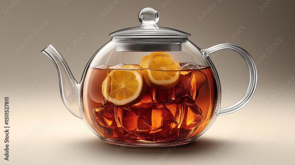 Glass teapot filled with iced tea and lemon slices Glass teapot filled with iced tea and lemon slices