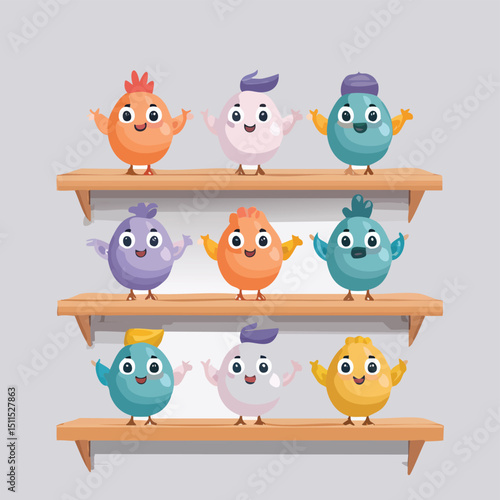 Wall shelf in cute cartoon character style with expressive face and limbs.