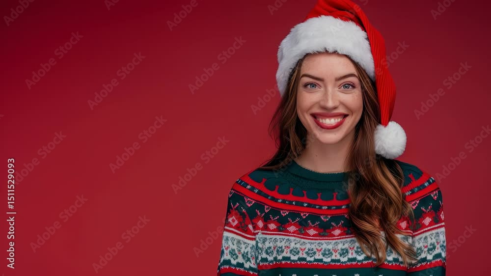 A smiling woman in a Christmas sweater and Santa hat stands against a red background, embodying the holiday spirit. Her joyful expression conveys the warmth and happiness associated with the season. A smiling woman in a Christmas sweater and Santa hat stands against a red background, embodying the holiday spirit. Her joyful expression conveys the warmth and happiness associated with the season.