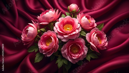 Elegant Pink Peonies on Luxurious Red Silk