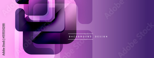 Abstract purple design features overlapping geometric shapes. Gradient colors create modern visual effect. Minimalist style.