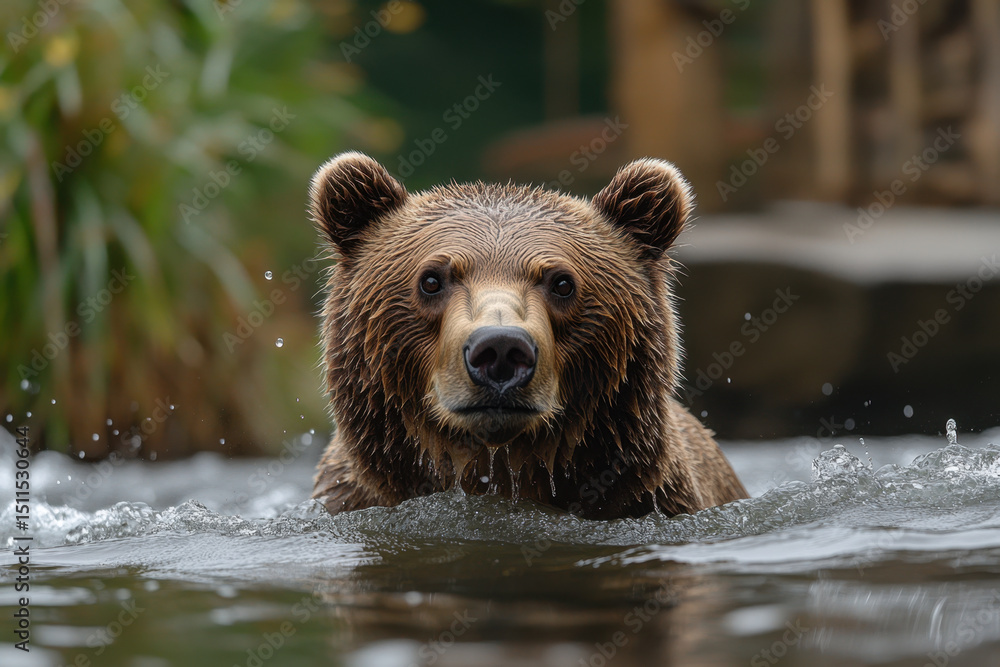 Obraz premium Brown bear swimming in river.