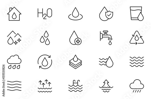 Water line icons set. Water editable stroke icons set. A refreshing collection of icons showcasing water conservation, aquatic life, Water Drop symbol