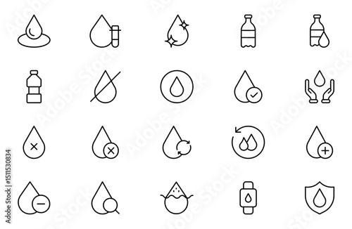 Water line icons set. Water editable stroke icons set. A refreshing collection of icons showcasing water conservation, aquatic life, Water Drop symbol