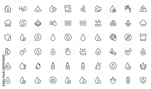 Water line icons set. Water editable stroke icons set. A refreshing collection of icons showcasing water conservation, aquatic life, Water Drop symbol