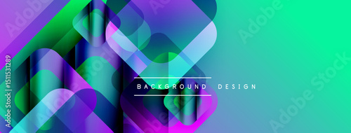 Abstract geometric shapes overlap, creating vibrant gradients. Turquoise, purple, blue hues dominate design. Text reads background design.