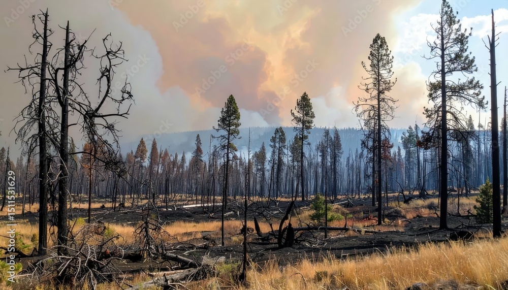 Obraz premium Aftermath of Forest Fire Showing Charred Trees and Smoke in Landscape