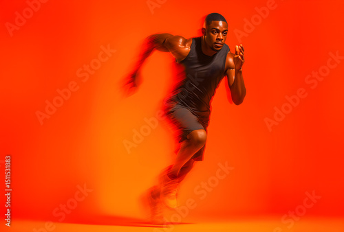 A photo of male runner running in a beautiful pose with a blurred motion at a fast pace against a bright orange gradient background. Commercial sports photography style.