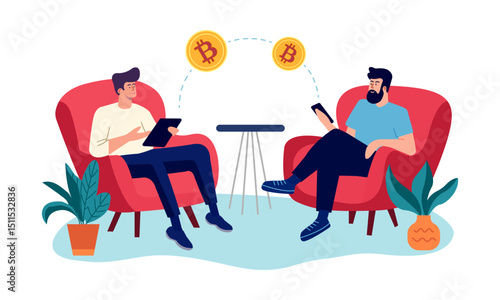 Two men engage in a cryptocurrency conversation, exchanging ideas and insights on digital currencies.