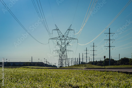 Foto High voltage power lines and pylons stretching across a green landscape under a
